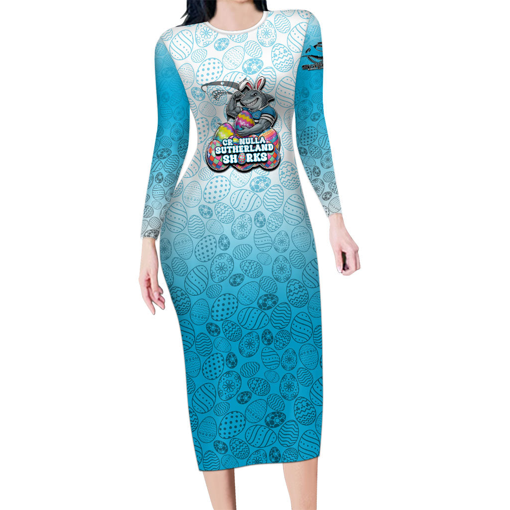 Personalized Cronulla Sutherland Sharks Long Sleeve Bodycon Dress Easter Mascot - Colorful Eggs Cartoon Style