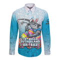 Personalized Cronulla Sutherland Sharks Long Sleeve Button Shirt Easter Mascot - Colorful Eggs Cartoon Style