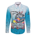 Personalized Cronulla Sutherland Sharks Long Sleeve Button Shirt Easter Mascot - Colorful Eggs Cartoon Style