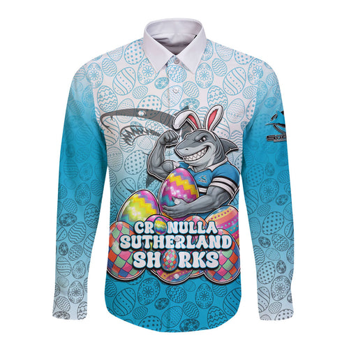 Personalized Cronulla Sutherland Sharks Long Sleeve Button Shirt Easter Mascot - Colorful Eggs Cartoon Style