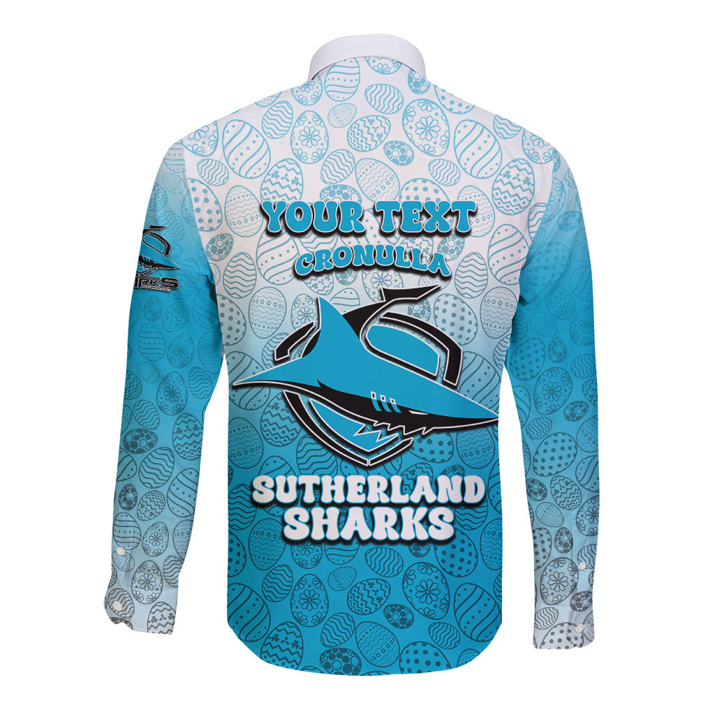 Personalized Cronulla Sutherland Sharks Long Sleeve Button Shirt Easter Mascot - Colorful Eggs Cartoon Style