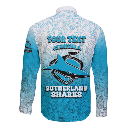 Personalized Cronulla Sutherland Sharks Long Sleeve Button Shirt Easter Mascot - Colorful Eggs Cartoon Style