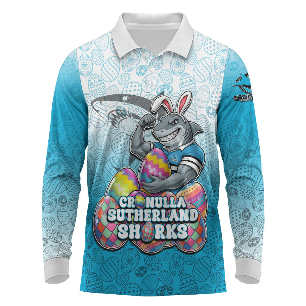 Personalized Cronulla Sutherland Sharks Long Sleeve Polo Shirt Easter Mascot - Colorful Eggs Cartoon Style