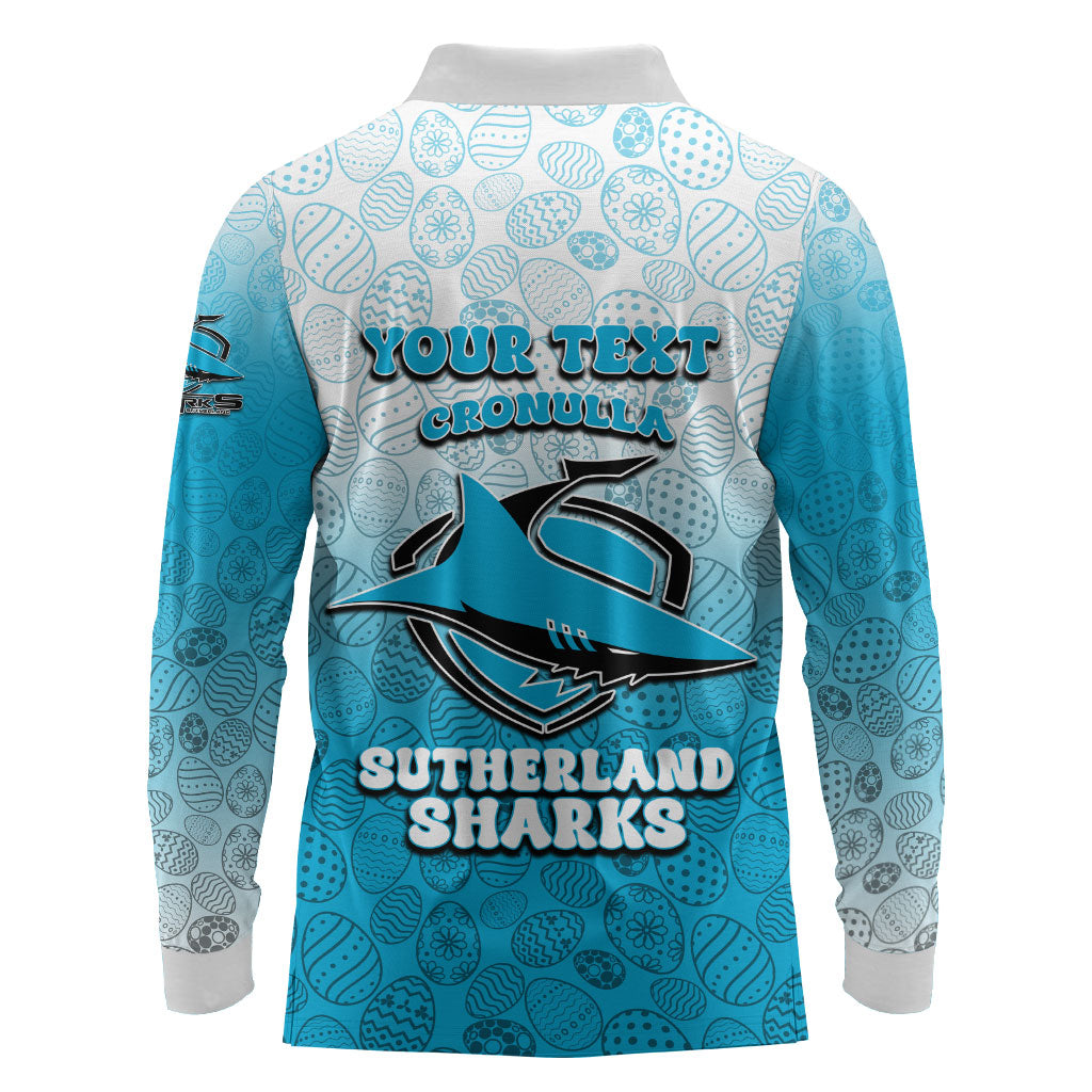 Personalized Cronulla Sutherland Sharks Long Sleeve Polo Shirt Easter Mascot - Colorful Eggs Cartoon Style