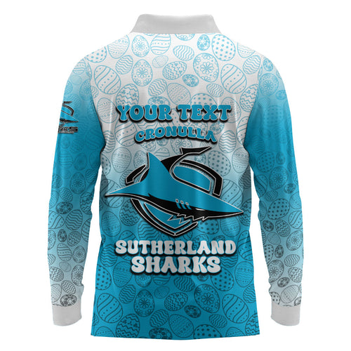 Personalized Cronulla Sutherland Sharks Long Sleeve Polo Shirt Easter Mascot - Colorful Eggs Cartoon Style