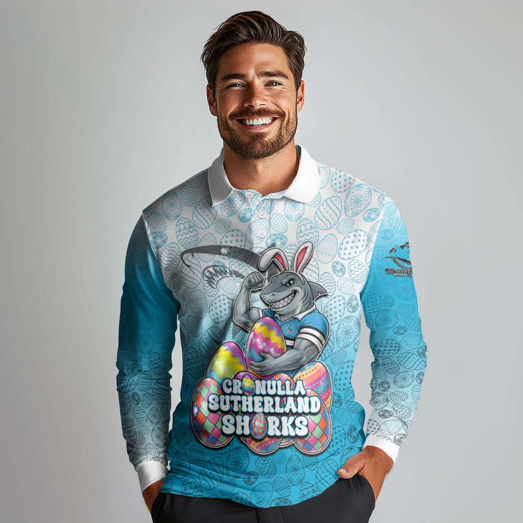 Personalized Cronulla Sutherland Sharks Long Sleeve Polo Shirt Easter Mascot - Colorful Eggs Cartoon Style