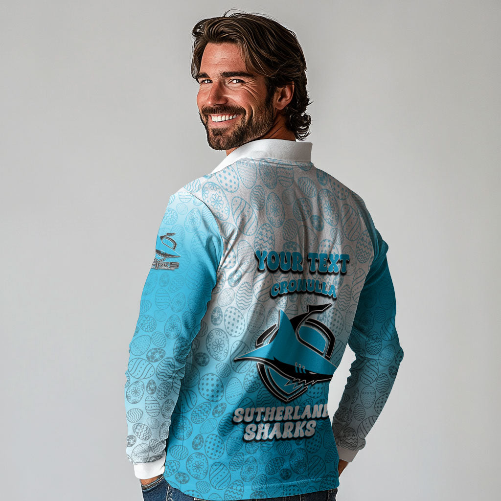Personalized Cronulla Sutherland Sharks Long Sleeve Polo Shirt Easter Mascot - Colorful Eggs Cartoon Style