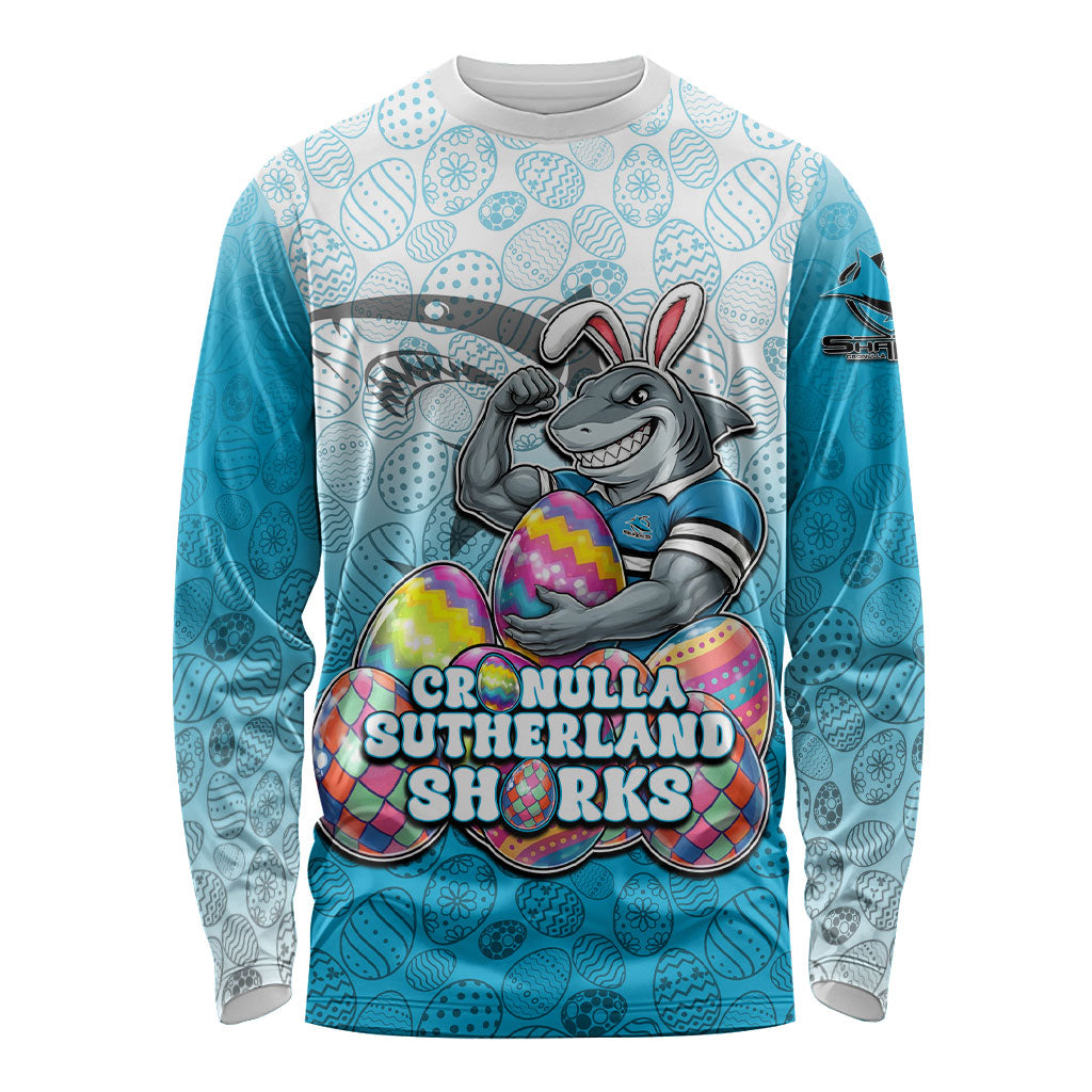 Personalized Cronulla Sutherland Sharks Long Sleeve Shirt Easter Mascot - Colorful Eggs Cartoon Style