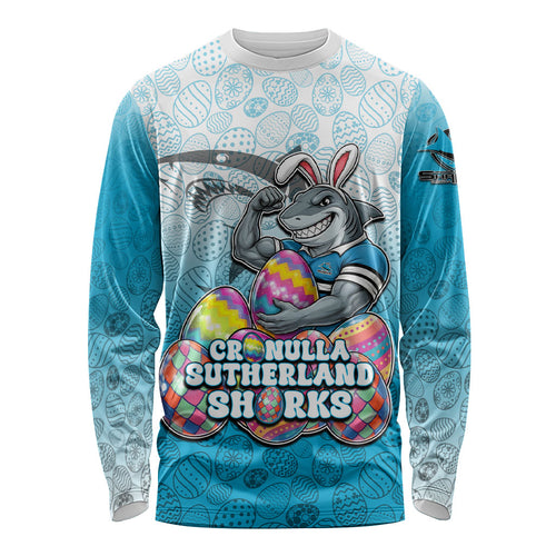 Personalized Cronulla Sutherland Sharks Long Sleeve Shirt Easter Mascot - Colorful Eggs Cartoon Style