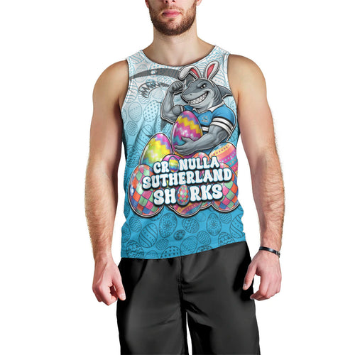Personalized Cronulla Sutherland Sharks Men Tank Top Easter Mascot - Colorful Eggs Cartoon Style
