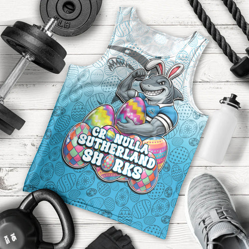 Personalized Cronulla Sutherland Sharks Men Tank Top Easter Mascot - Colorful Eggs Cartoon Style