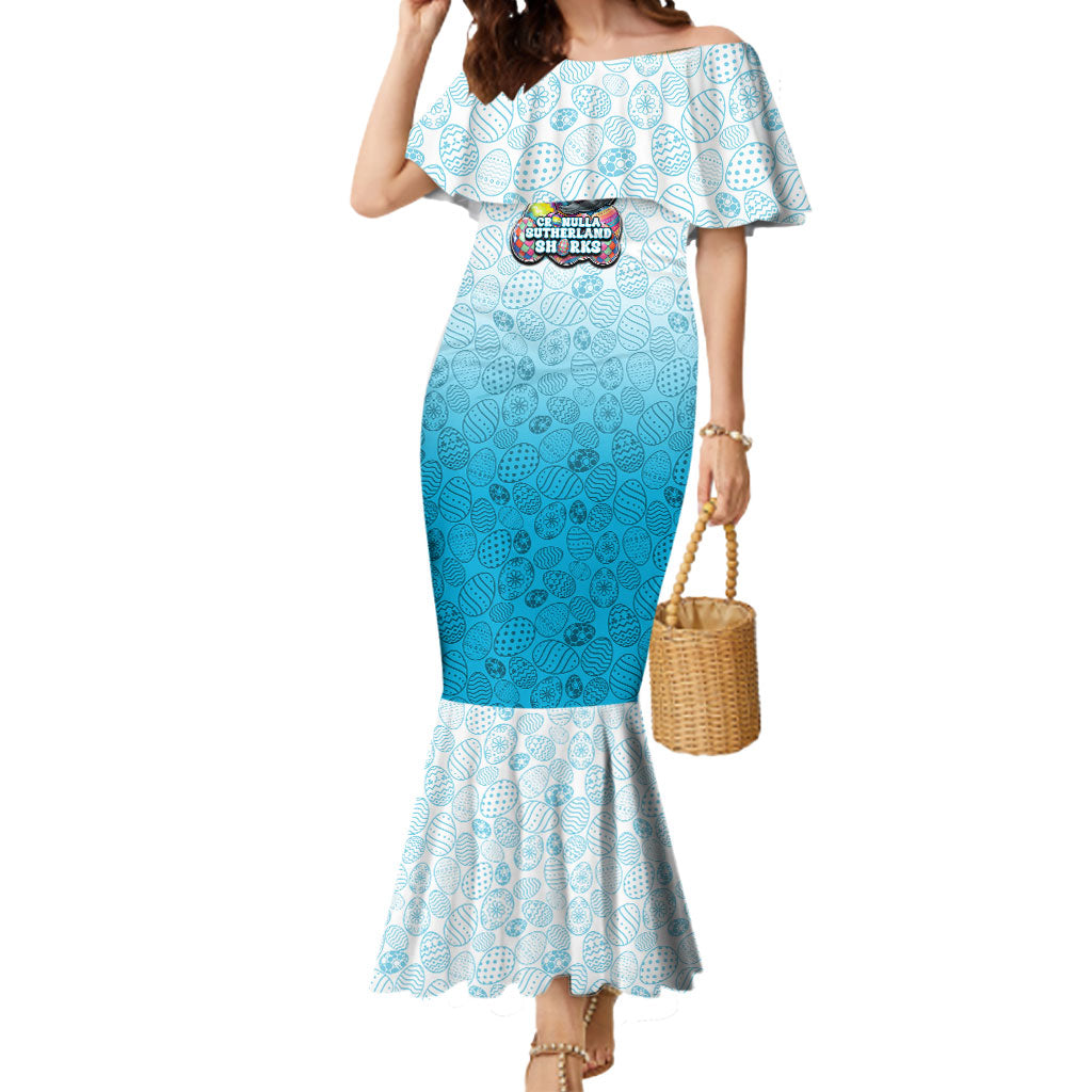 Personalized Cronulla Sutherland Sharks Mermaid Dress Easter Mascot - Colorful Eggs Cartoon Style