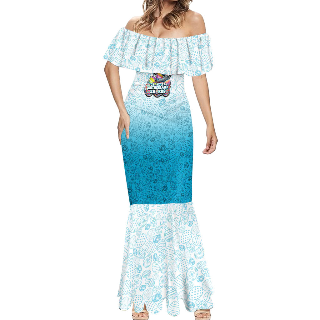 Personalized Cronulla Sutherland Sharks Mermaid Dress Easter Mascot - Colorful Eggs Cartoon Style