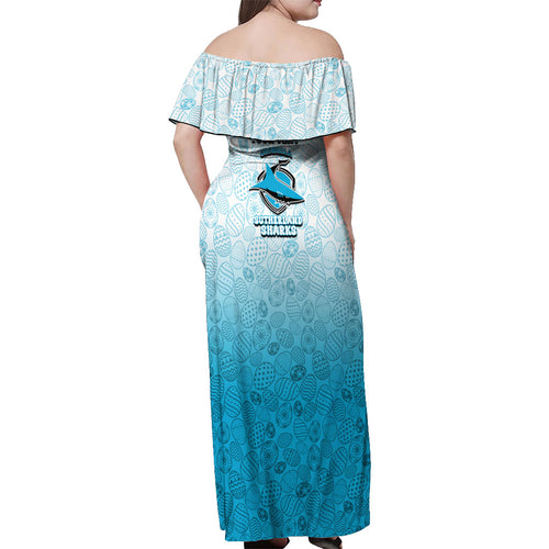 Personalized Cronulla Sutherland Sharks Off Shoulder Maxi Dress Easter Mascot - Colorful Eggs Cartoon Style