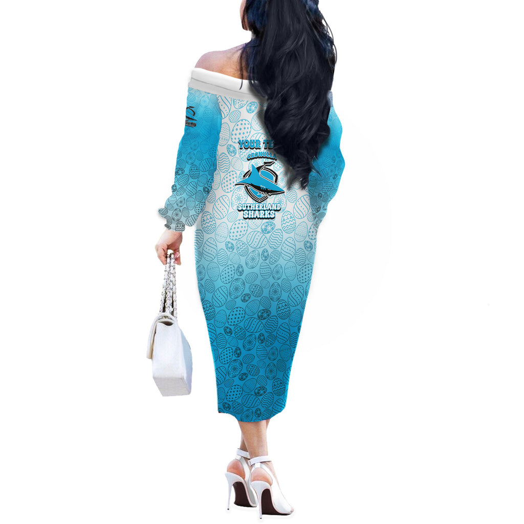 Personalized Cronulla Sutherland Sharks Off The Shoulder Long Sleeve Dress Easter Mascot - Colorful Eggs Cartoon Style