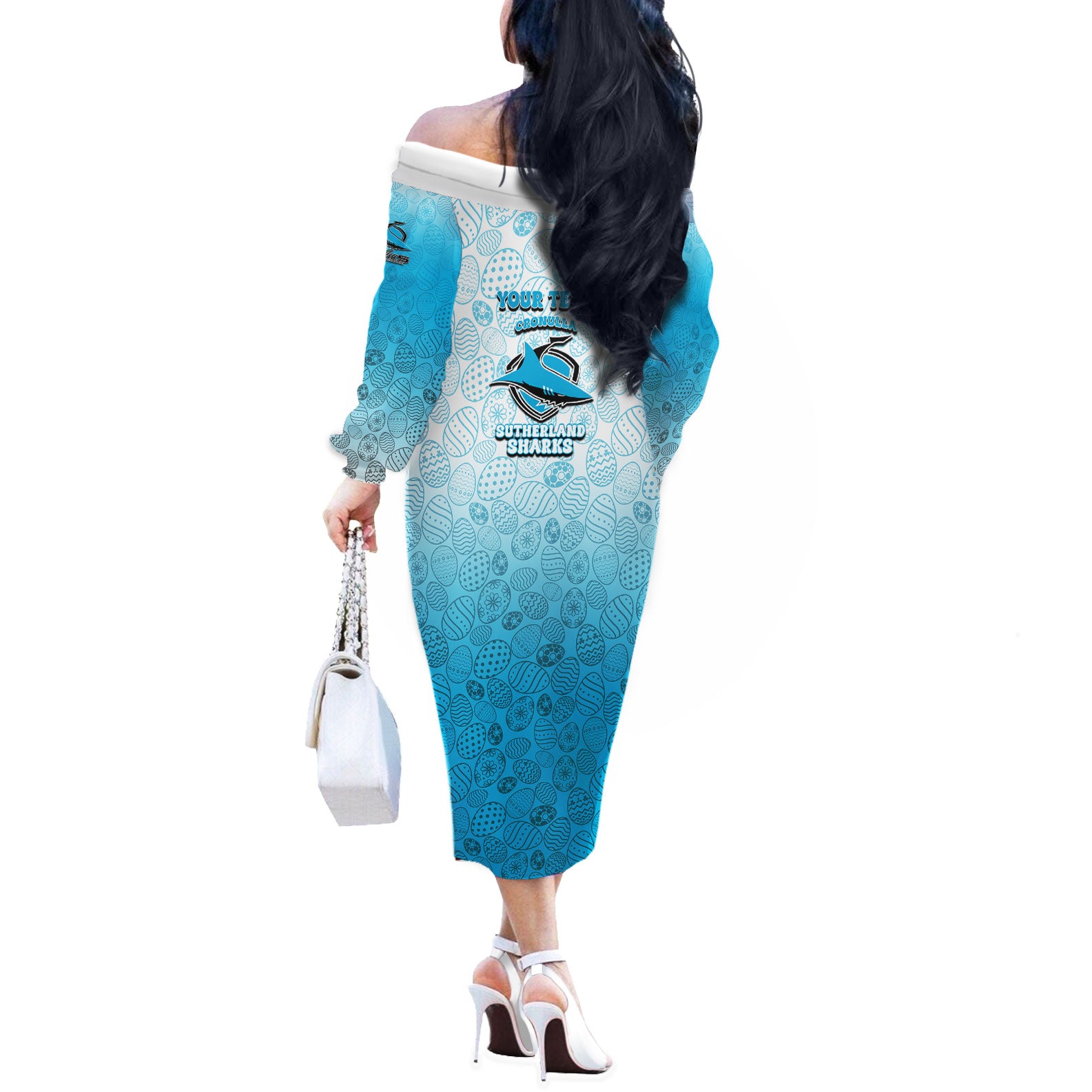 Personalized Cronulla Sutherland Sharks Off The Shoulder Long Sleeve Dress Easter Mascot - Colorful Eggs Cartoon Style