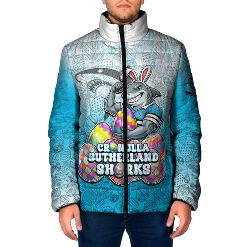 Personalized Cronulla Sutherland Sharks Padded Jacket Easter Mascot - Colorful Eggs Cartoon Style