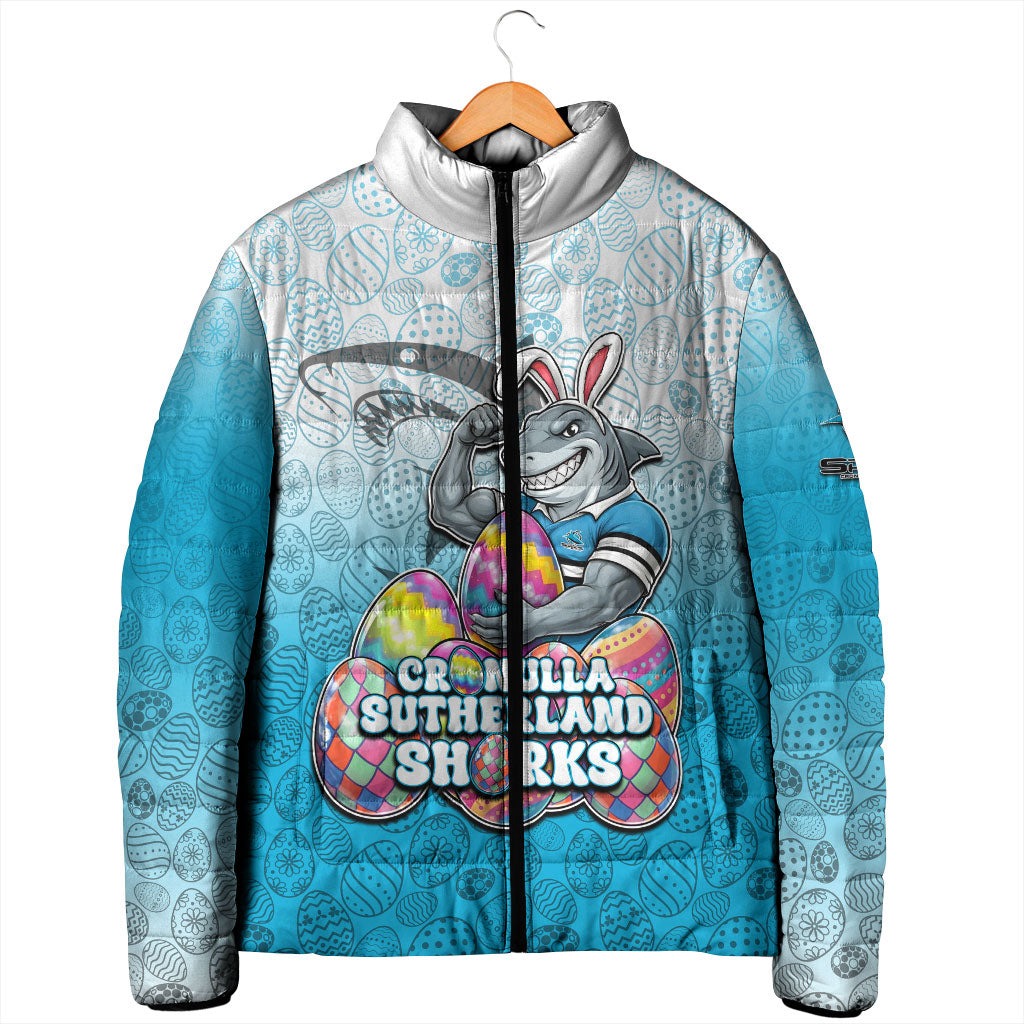 Personalized Cronulla Sutherland Sharks Padded Jacket Easter Mascot - Colorful Eggs Cartoon Style
