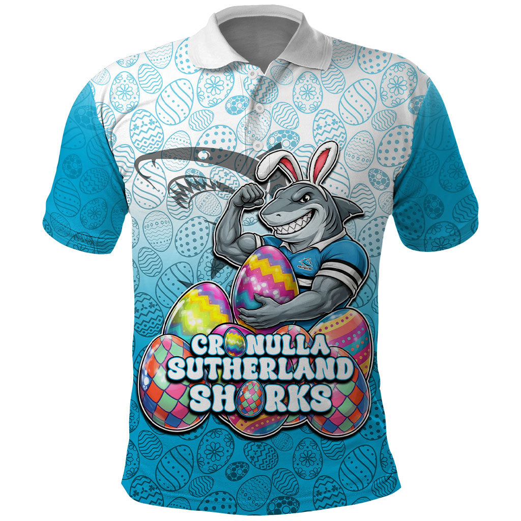 Personalized Cronulla Sutherland Sharks Polo Shirt Easter Mascot - Colorful Eggs Cartoon Style