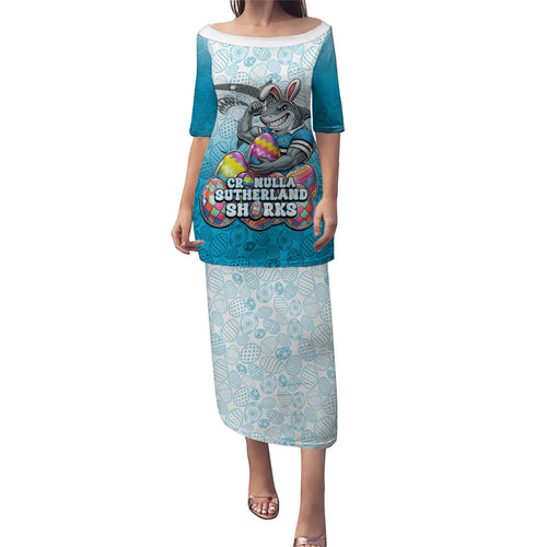 Personalized Cronulla Sutherland Sharks Puletasi Easter Mascot - Colorful Eggs Cartoon Style