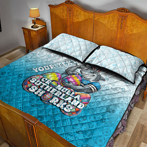 Personalized Cronulla Sutherland Sharks Quilt Bed Set Easter Mascot - Colorful Eggs Cartoon Style