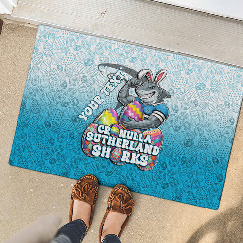 Personalized Cronulla Sutherland Sharks Rubber Doormat Easter Mascot - Colorful Eggs Cartoon Style