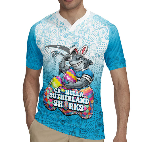 Personalized Cronulla Sutherland Sharks Rugby Jersey Easter Mascot - Colorful Eggs Cartoon Style