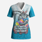 Personalized Cronulla Sutherland Sharks Scrub Top Easter Mascot - Colorful Eggs Cartoon Style