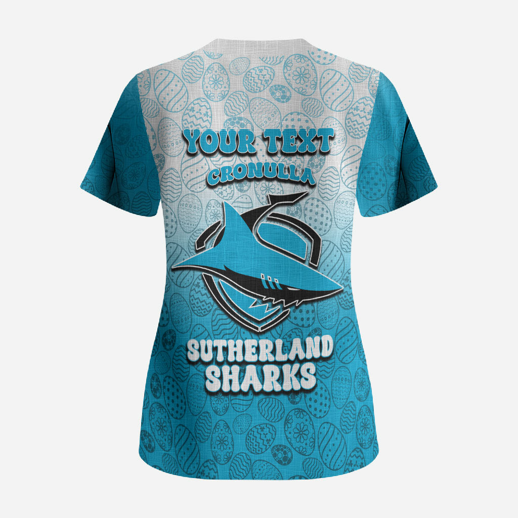 Personalized Cronulla Sutherland Sharks Scrub Top Easter Mascot - Colorful Eggs Cartoon Style
