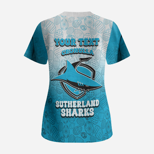 Personalized Cronulla Sutherland Sharks Scrub Top Easter Mascot - Colorful Eggs Cartoon Style