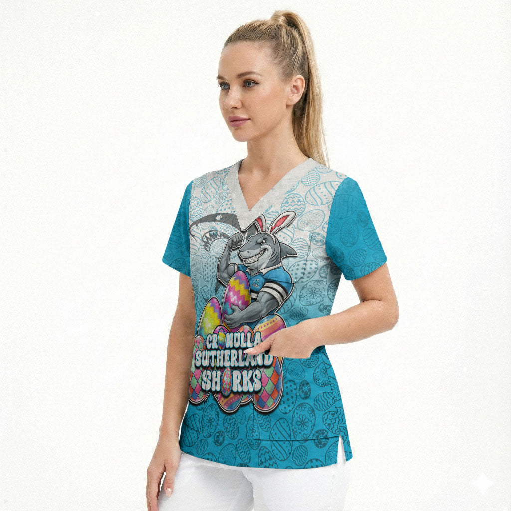 Personalized Cronulla Sutherland Sharks Scrub Top Easter Mascot - Colorful Eggs Cartoon Style