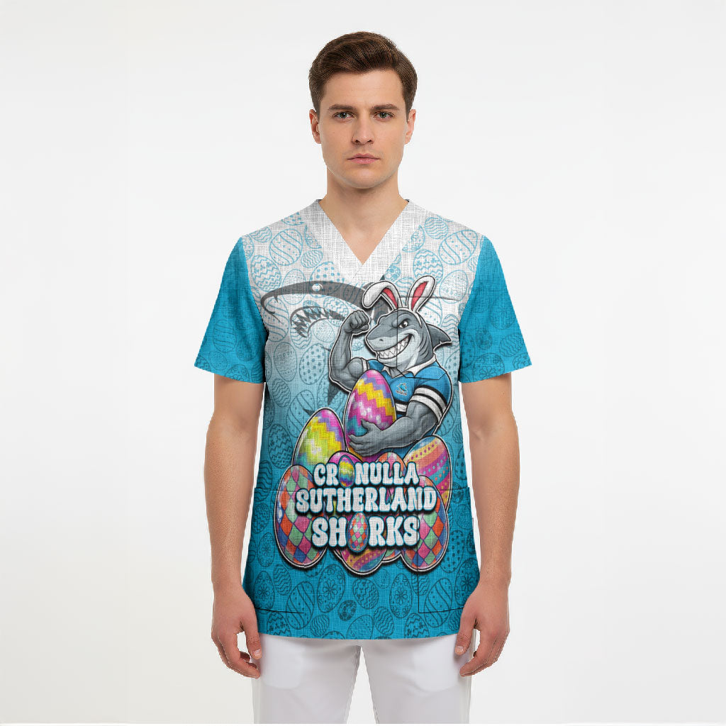 Personalized Cronulla Sutherland Sharks Scrub Top Easter Mascot - Colorful Eggs Cartoon Style