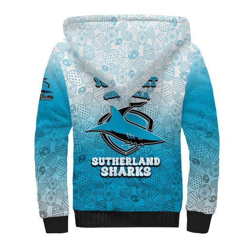 Personalized Cronulla Sutherland Sharks Sherpa Hoodie Easter Mascot - Colorful Eggs Cartoon Style