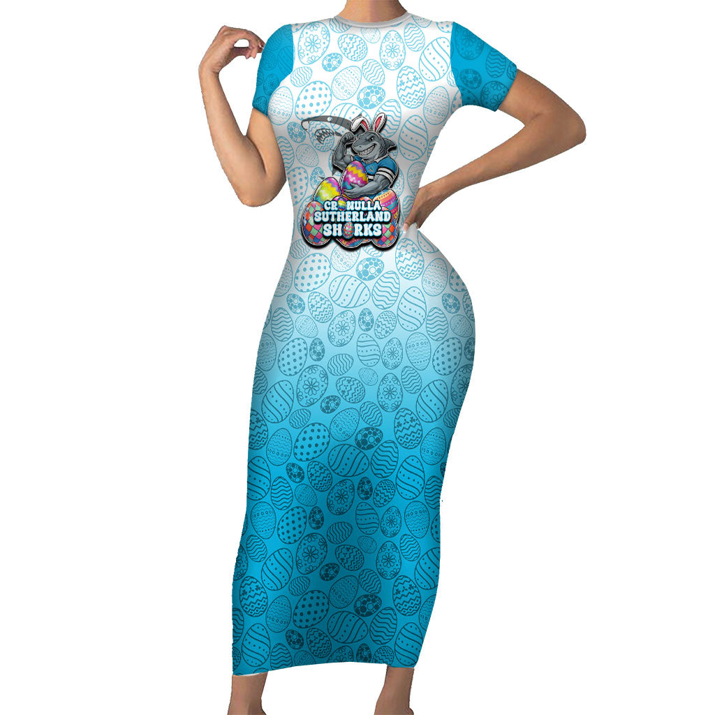 Personalized Cronulla Sutherland Sharks Short Sleeve Bodycon Dress Easter Mascot - Colorful Eggs Cartoon Style