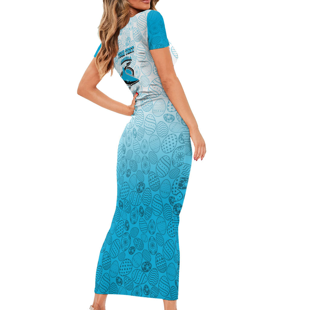 Personalized Cronulla Sutherland Sharks Short Sleeve Bodycon Dress Easter Mascot - Colorful Eggs Cartoon Style