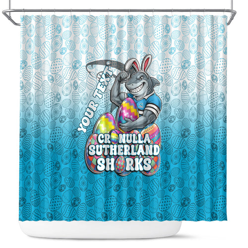 Personalized Cronulla Sutherland Sharks Shower Curtain Easter Mascot - Colorful Eggs Cartoon Style