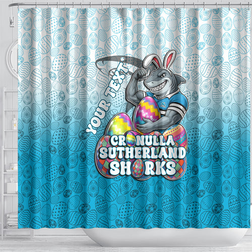 Personalized Cronulla Sutherland Sharks Shower Curtain Easter Mascot - Colorful Eggs Cartoon Style