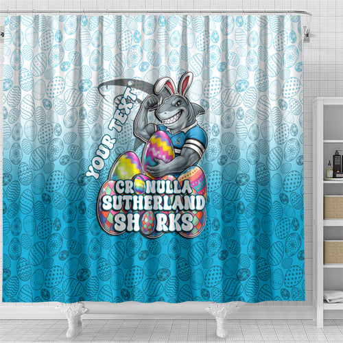 Personalized Cronulla Sutherland Sharks Shower Curtain Easter Mascot - Colorful Eggs Cartoon Style