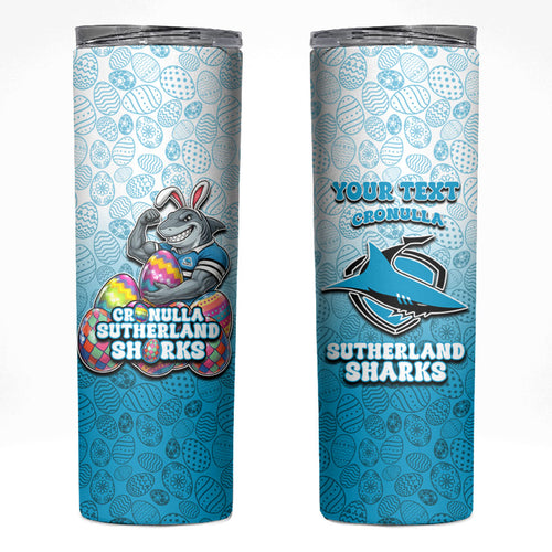 Personalized Cronulla Sutherland Sharks Skinny Tumbler Easter Mascot - Colorful Eggs Cartoon Style