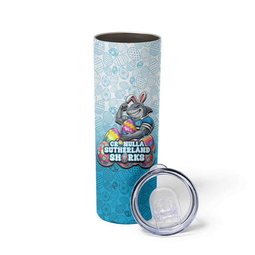 Personalized Cronulla Sutherland Sharks Skinny Tumbler Easter Mascot - Colorful Eggs Cartoon Style