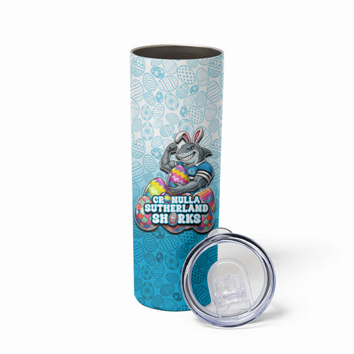 Personalized Cronulla Sutherland Sharks Skinny Tumbler Easter Mascot - Colorful Eggs Cartoon Style
