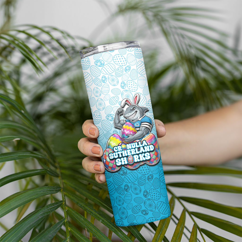 Personalized Cronulla Sutherland Sharks Skinny Tumbler Easter Mascot - Colorful Eggs Cartoon Style