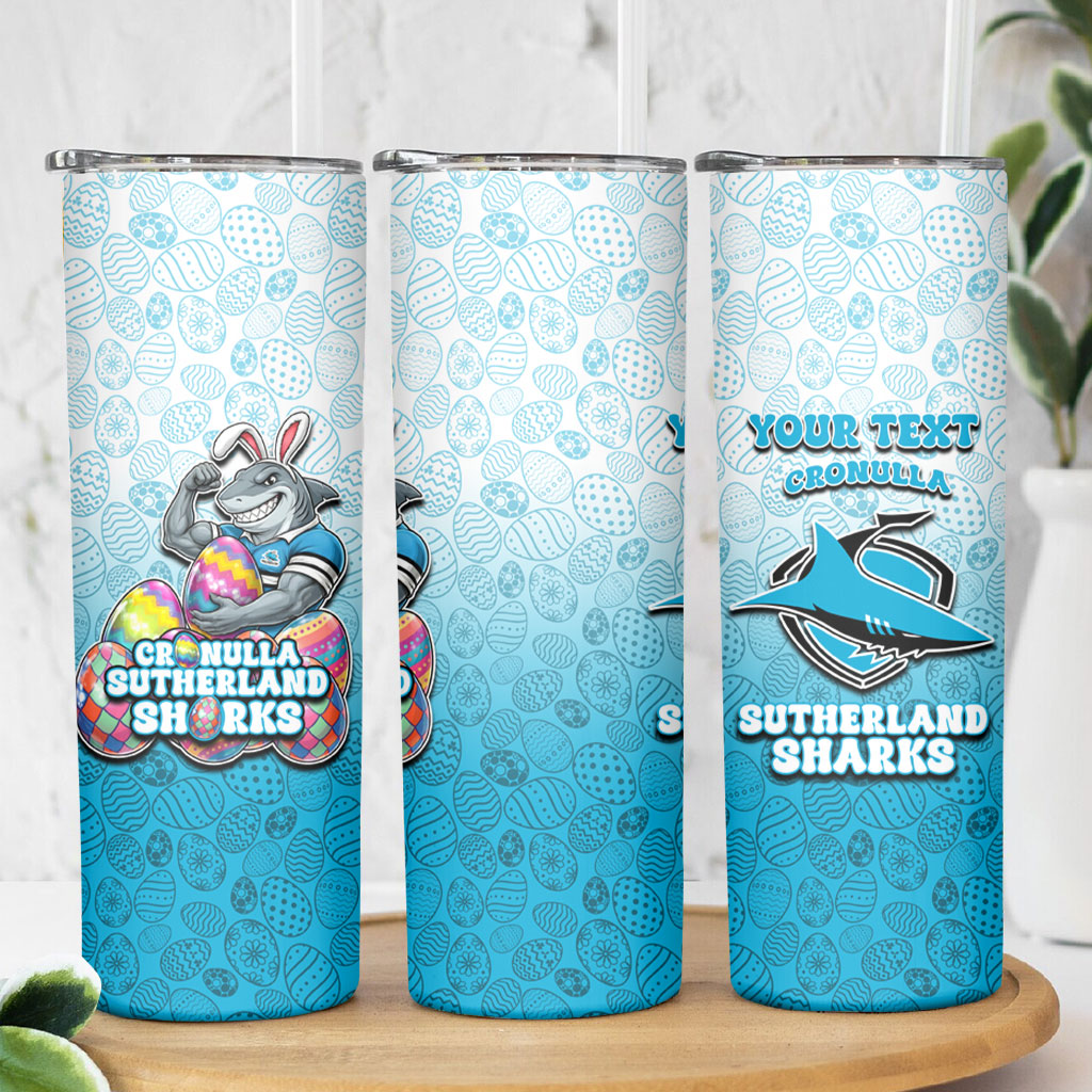 Personalized Cronulla Sutherland Sharks Skinny Tumbler Easter Mascot - Colorful Eggs Cartoon Style