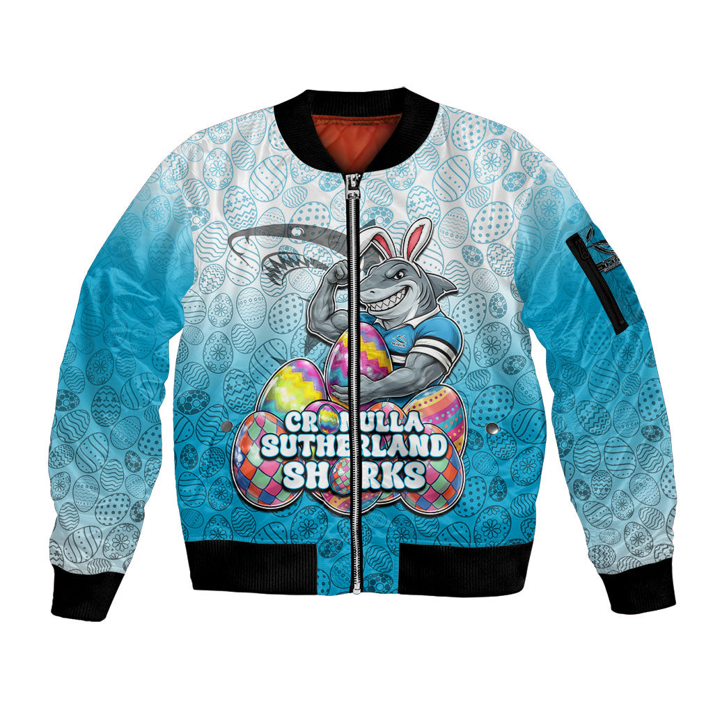 Personalized Cronulla Sutherland Sharks Sleeve Zip Bomber Jacket Easter Mascot - Colorful Eggs Cartoon Style