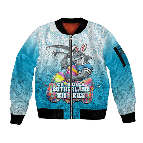 Personalized Cronulla Sutherland Sharks Sleeve Zip Bomber Jacket Easter Mascot - Colorful Eggs Cartoon Style