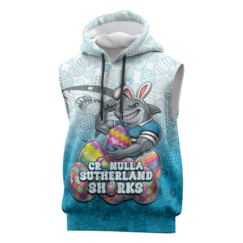 Personalized Cronulla Sutherland Sharks Sleeveless Hoodie Easter Mascot - Colorful Eggs Cartoon Style