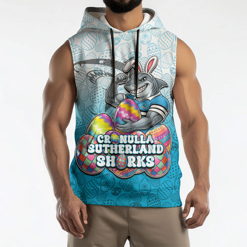 Personalized Cronulla Sutherland Sharks Sleeveless Hoodie Easter Mascot - Colorful Eggs Cartoon Style