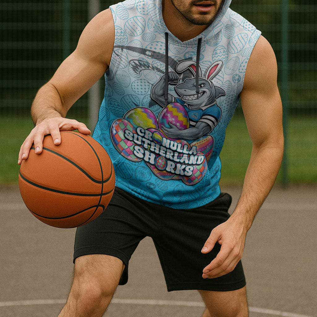 Personalized Cronulla Sutherland Sharks Sleeveless Hoodie Easter Mascot - Colorful Eggs Cartoon Style