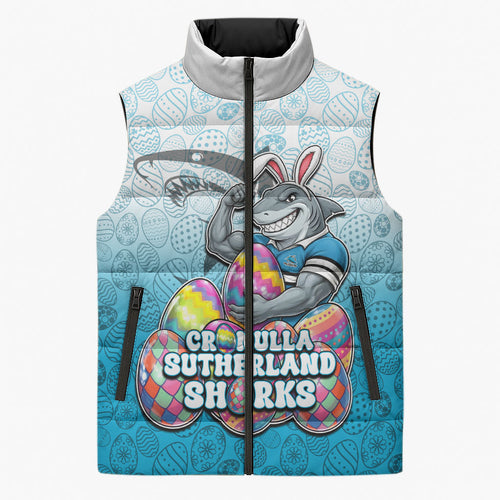 Personalized Cronulla Sutherland Sharks Sleeveless Puffer Jacket Easter Mascot - Colorful Eggs Cartoon Style