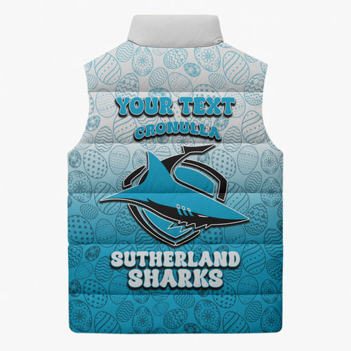 Personalized Cronulla Sutherland Sharks Sleeveless Puffer Jacket Easter Mascot - Colorful Eggs Cartoon Style